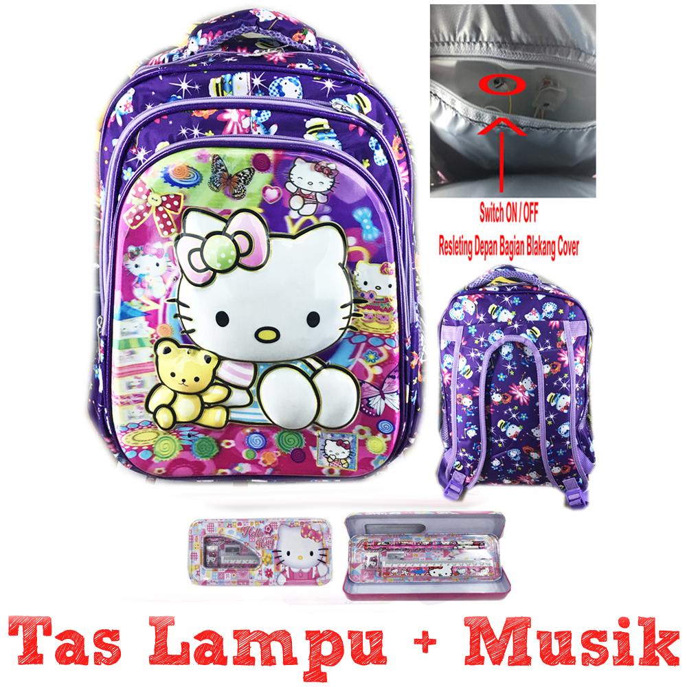 BGC 5 Dimensi Lampu Nyala + Musik Hologram Tas Ransel Sekolah Anak SD Hello Kitty Hologram 3 Kantung + Kotak Pensil Alat Tulis - Full Motif