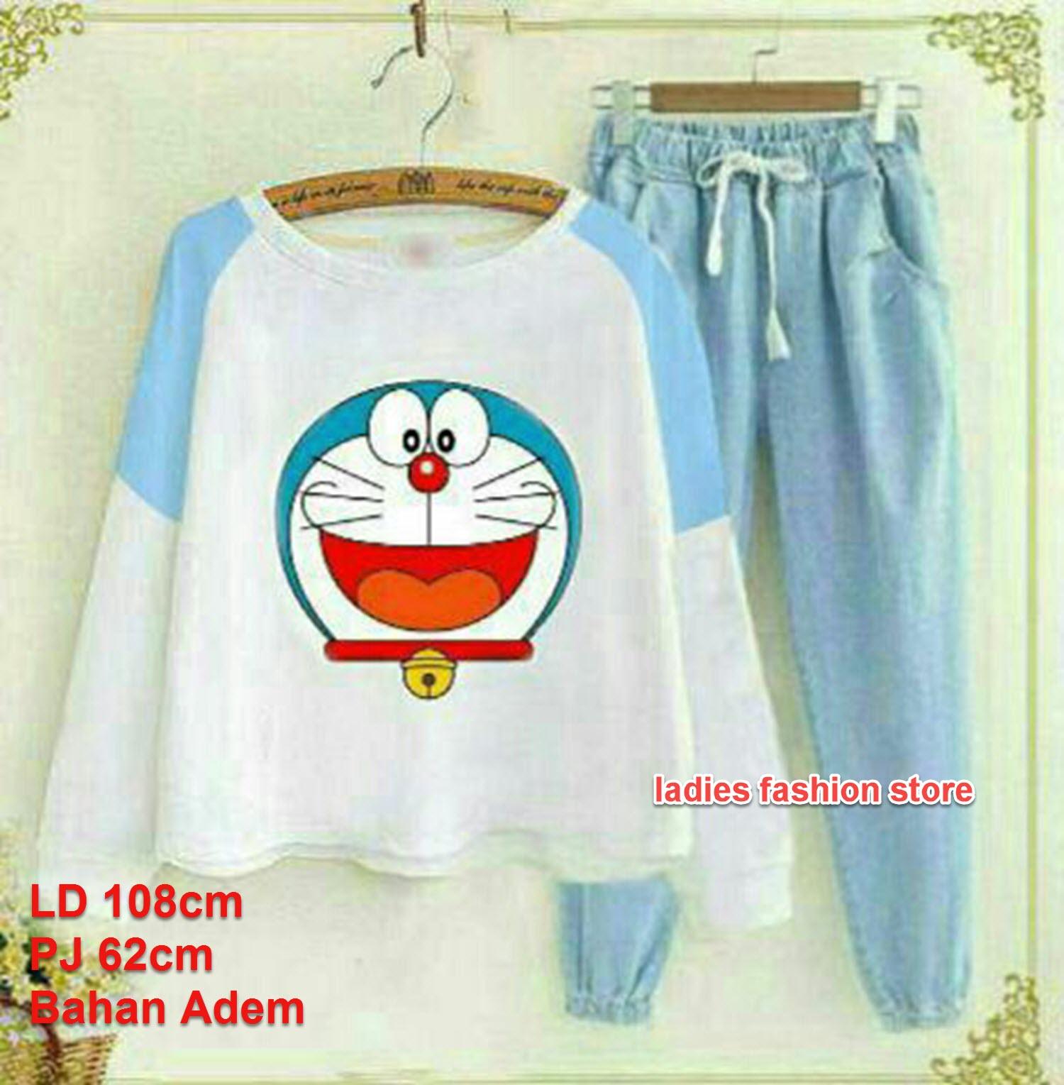 LF Setelan Baju dan Celana Wanita 2in1 Dora / Kaos Celana Wanita Murah / Atasa Wanita / Baju Lebaran / Baju Remaja Wnaita / Baju DORAEMON Jalan Santai / Stelan Murah Kartun / Stelan Santai Wanita Kasual nr dorasmile SMILE