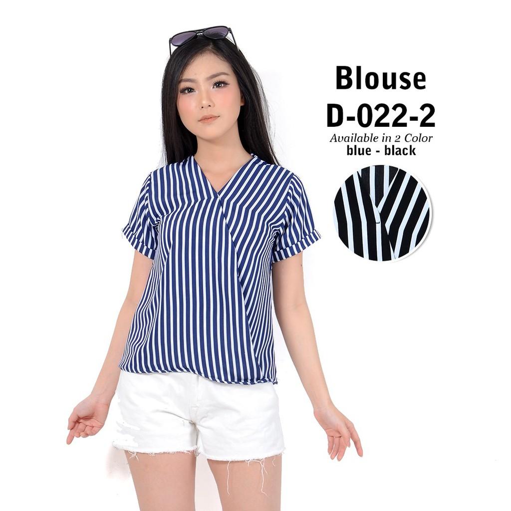 Monellina Fashion Baju Blouse Atasan Kemeja Murah Wanita/Cewek Kekinian D0022 Yukata Salur Navy