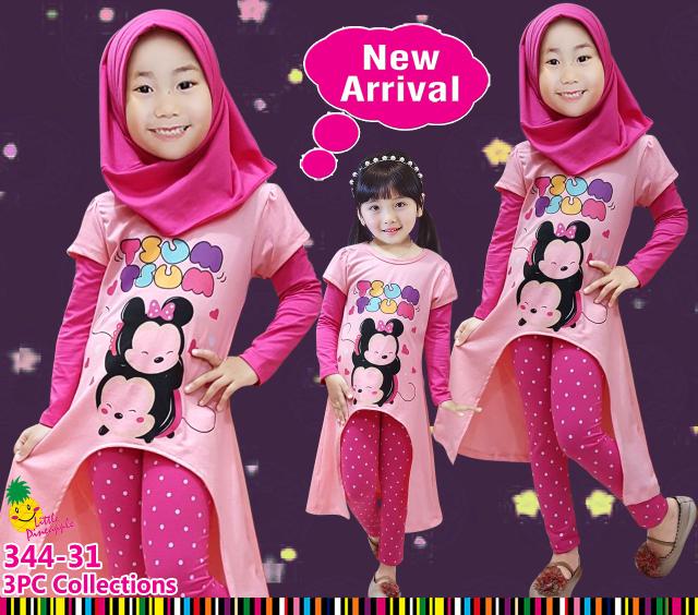 New Baju Muslim Anak Perempuan Little Pineapple LP Tsum Peach Leging Pink