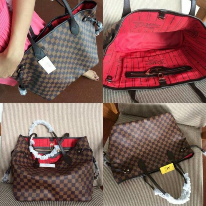 Tas Branded Lois Vuitton LV Neverfull Motif Damier Bahan Kulit LV Baru - JaFyVT