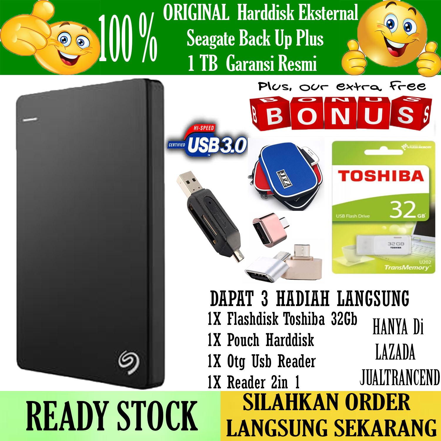 Seagate Backup Plus Slim 1TB - HDD - HD - Hardisk External 2.5 - Hitam + Gratis Flashdisk 32Gb Toshiba 2.0 + Pouch Harddisk + Usb Otg Android + Reader 2in 1