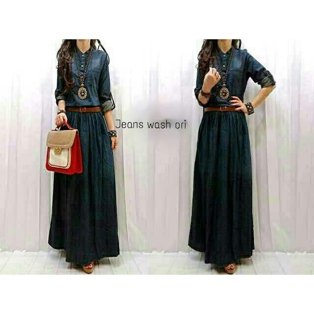 (JNH Shop) Shinta Maxi Jeans Wash Ori- Baju Wanita Remaja Simpel Elegant Murah