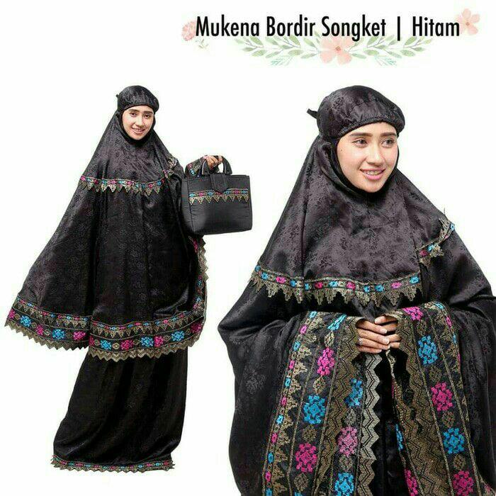 Best Seller - Mukena Dewasa Semi Sutra Exclusive - Mukena Doff Bordir Songket Hitam - Mukena Semi Sutra + Tas Cantik - Mukena Semi sutra Bordir Songket Terlaris dan Terbaru