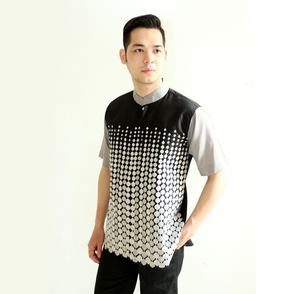 Hansen & Lisa Baju Koko Katun Lengan Pendek Motif Bordir Hexagon - Hitam