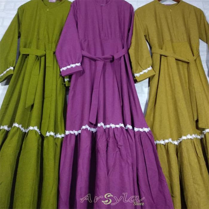 baju gamis wanita polos rempel renda fashion muslim hanaya syari katun - Zaitun