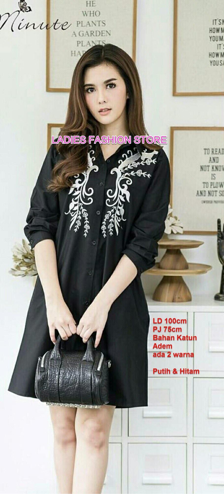 LF Kemeja Tunik Wanita Kerah / Baju Lebaran / Tunik Wanita / Atasan Wanita / Blouse Cewek / Pakaian Wanita Terndi / Dress Wanita Pendek / Midi Dress / New Long Hem / korean Dress / Baju Tunik Import / Baju Muslim Tunik / nr owerfl blackwhit - HITAM