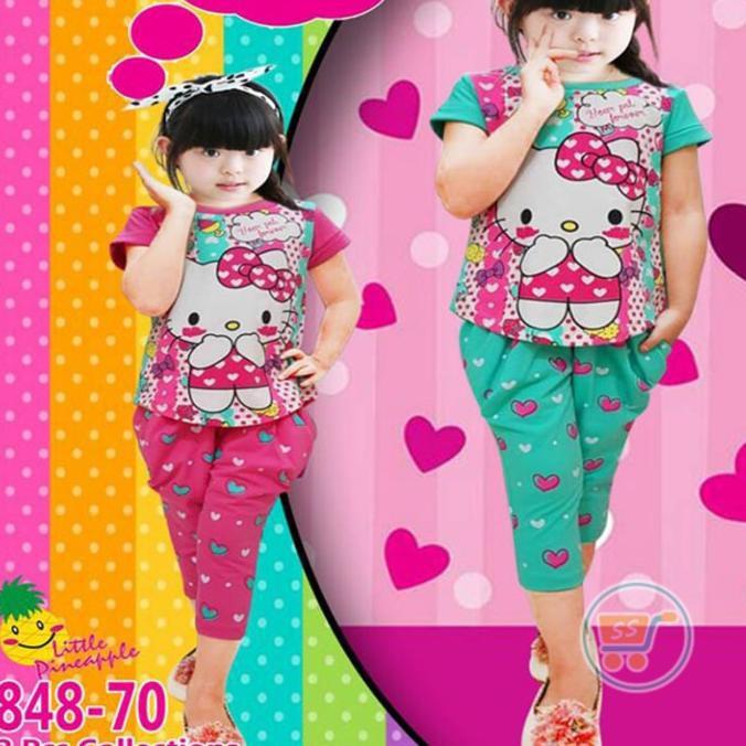 PROMO SALE - SETELAN HELLO KITTY HEART BAJU ANAK CEWE SANTAI PERGI JALAN HADIAHKADO F001