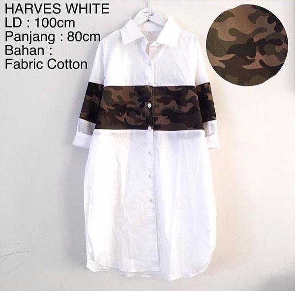 Harves white / kemeja putih / baju busui motif army / kancing kerah