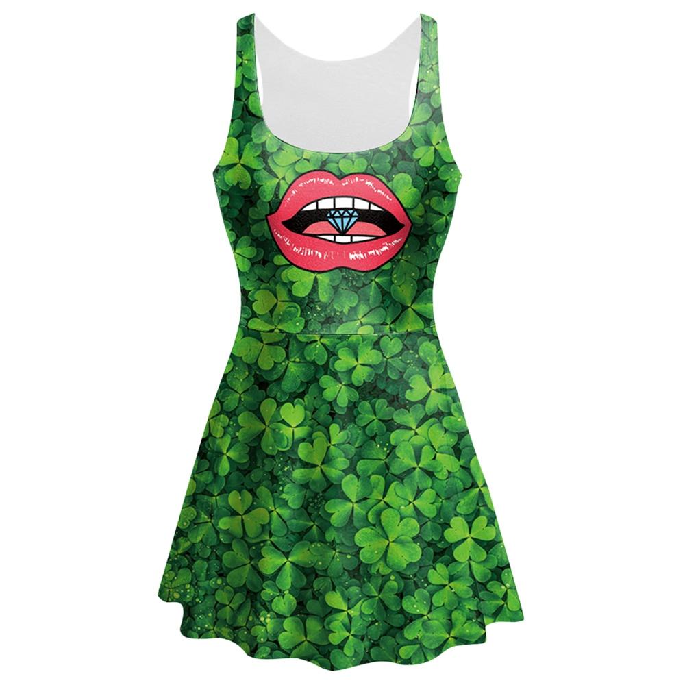 Trendy Scoop Neck Sleeveless Plant Lip Print Women A-line Dress-GREEN-XL