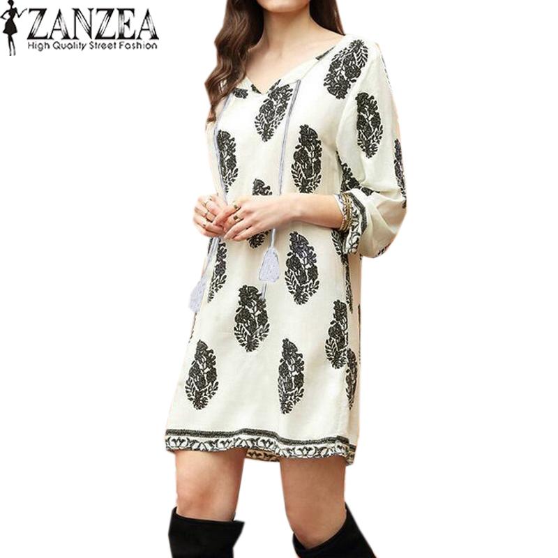 Baru ZANZEA Wanita Bohe 3/4 Lengan Longgar Vintage Cetak Pantai Panjang Gaun Baju Pesta (Putih Pucat)-International