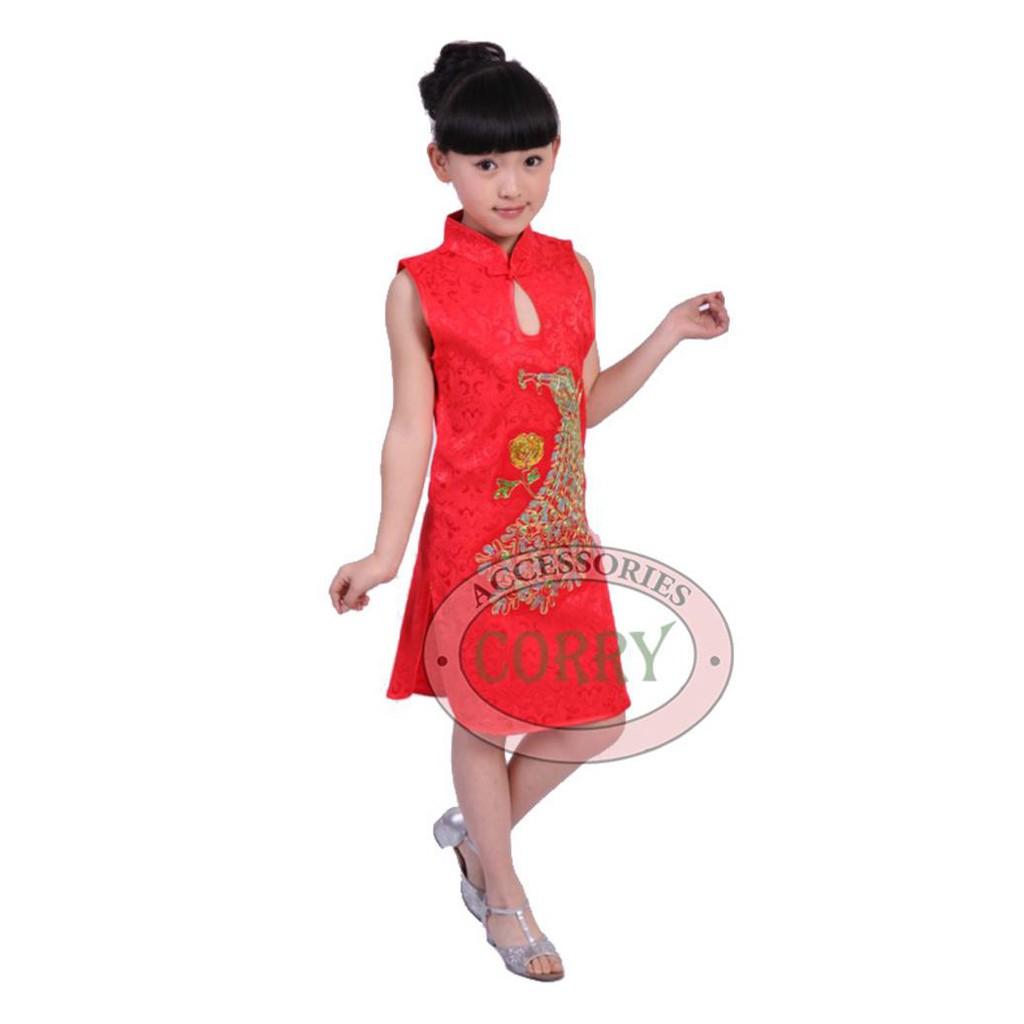 PROMO SALE BAJU DRESS CHEONGSAM ANAK PEREMPUAN CINA MERAH BURUNG MERAK FZ001XO