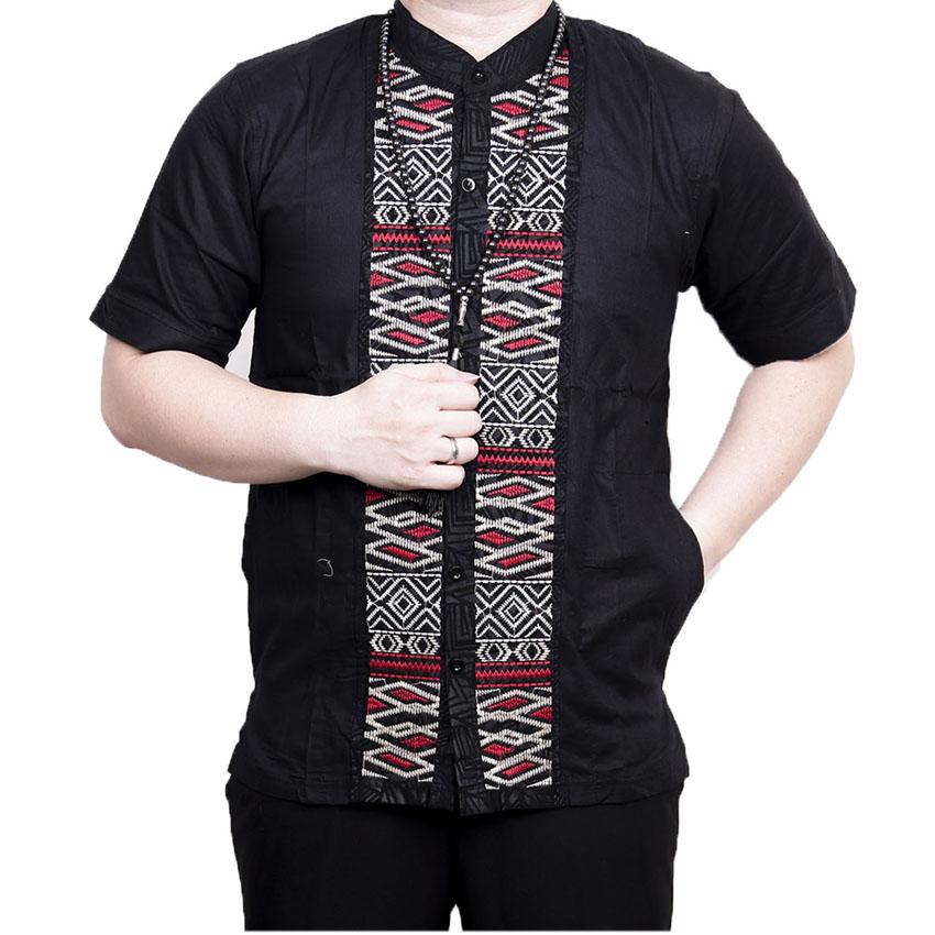 Ormano Baju Koko Muslim Batik Bordir Lengan Pendek Lebaran Hari Raya Pengajian ZO17 KK90 Kemeja Fashion Pria Corak Masa Kini Modern Size L