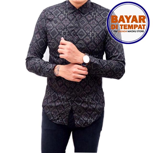 Kemeja Batik Songket Pria Lengan Panjang Slimfit Hitam / Baju batik atasan pria Long Black / kemeja batik kantor Murah Best Seller