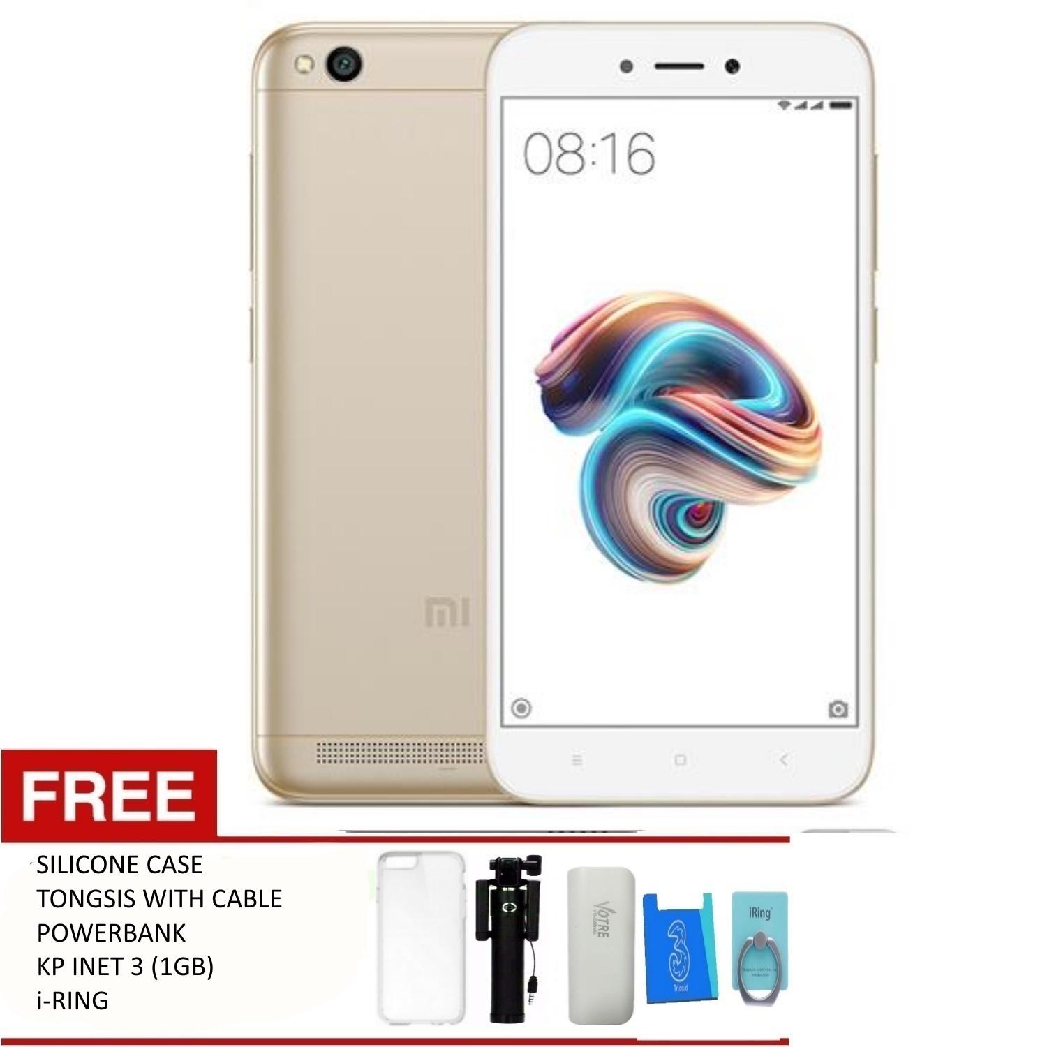 Xiaomi Redmi 5A - RAM 2GB / ROM 16GB - GARANSI RESMI TAM + Free Silicone Case, Tongsis, Powerbank, KP. Inet 3 (1GB) , i-Ring