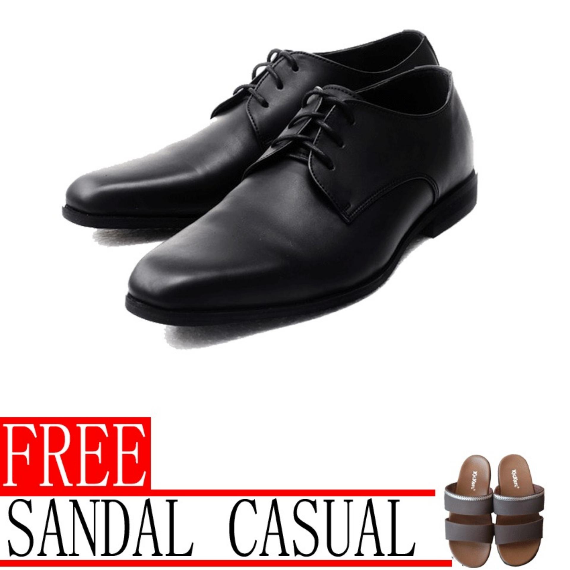 Sepatu Pantofel Pria Kerja Kantor Kulit Sintetis Model Tali - Black - Free Sandal Casual - Black 