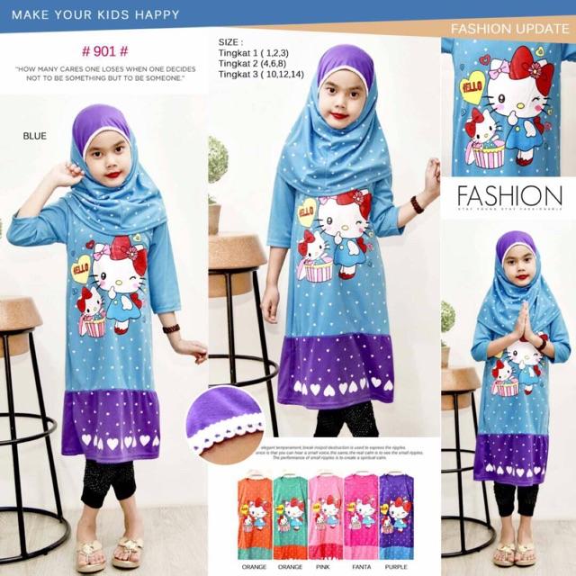 Hijab Dress Hello Kitty Ukuran 1-2-3(Size S Untuk Anak Umur 2-3Thn) Bahan Spandex Hijab Ada Aplikasi