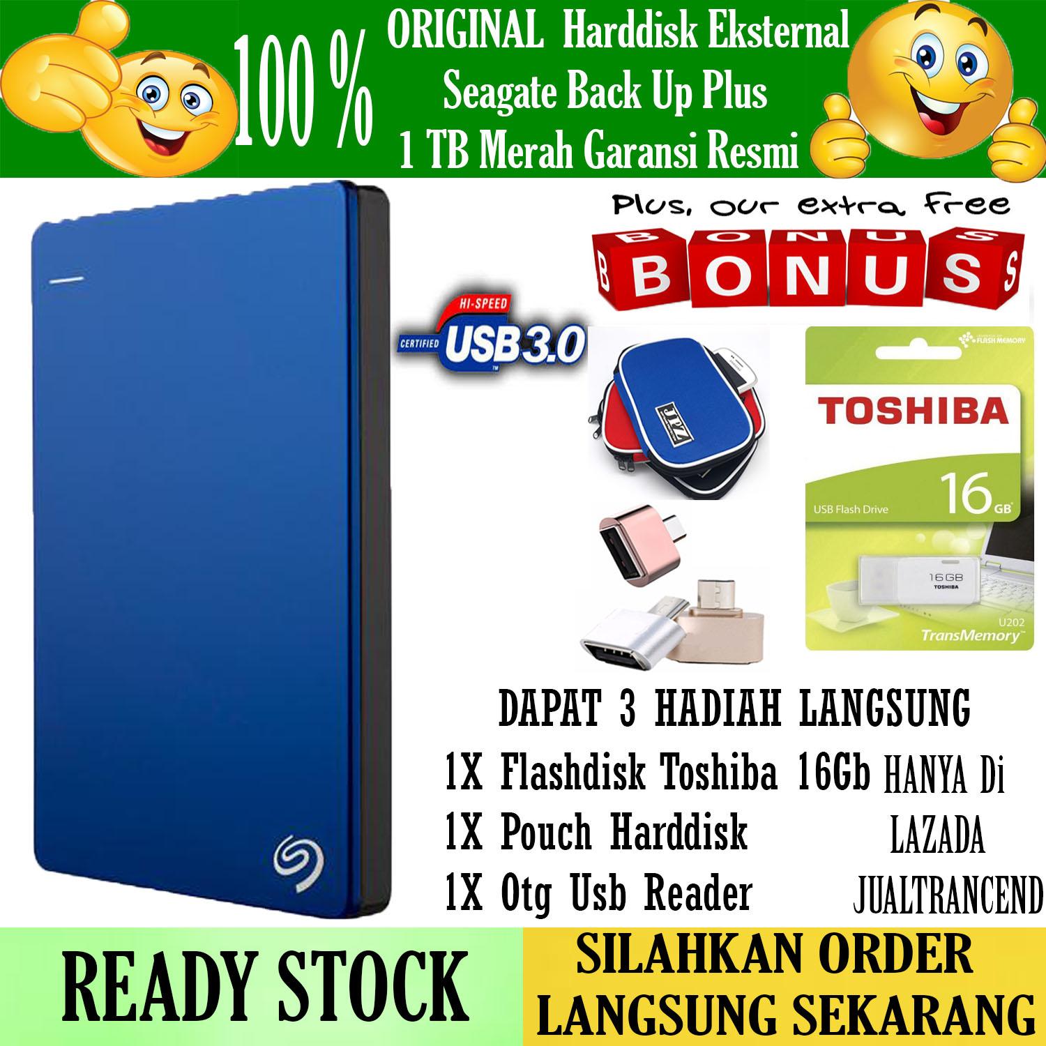 Seagate Backup Plus Slim 1TB - HDD - HD - Hardisk External 2.5 - Biru + Gratis Flasdisk 16Gb Toshiba Usb2.0 + Pouch Harddisk + Otg Mini Reader