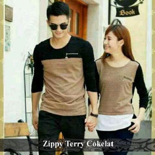 LenganPanjang Baju Couple Lengan Panjang Keren Busana Kembar Simple Zippy Terry Cokelat