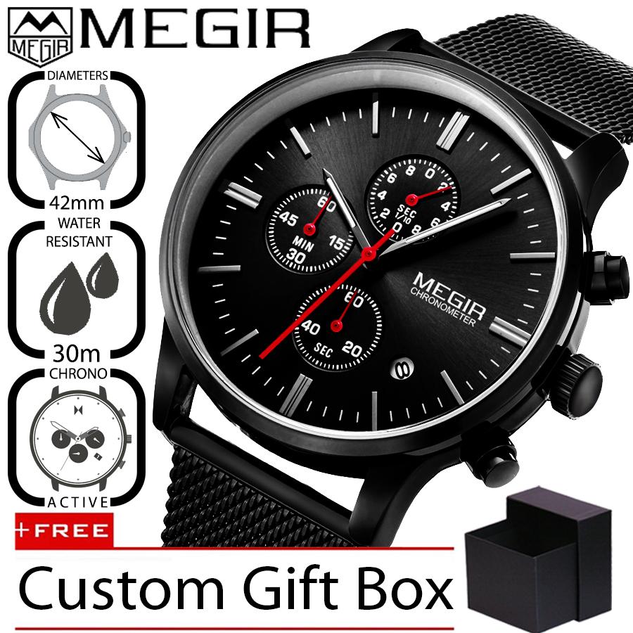 Megir 2011 Jam Tangan Pria Profesional Business Analog Stainless Steel Mesh 42 mm - Anti Air 30 M - Active Chronograph Watches - Hitam