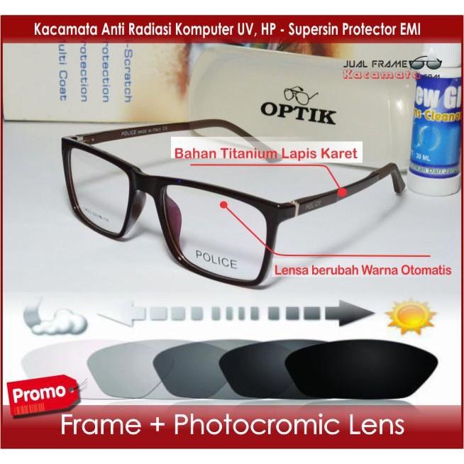 Frame Kacamata Minus - Lensa Photocromic Berubah Warna Otomatis Photogrey - Kotak Bulat Pria Wanita