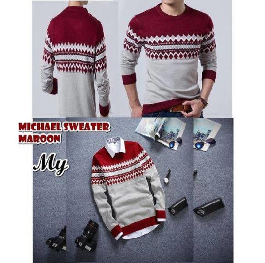 MICHAEL SWEATER MAROON / pakaian baju casual pria kerja kantor harian rajut kuliah kampus cowok cowo / atasan rajut pria jaket sweater rajut pria distro branded pria cowok cowo
