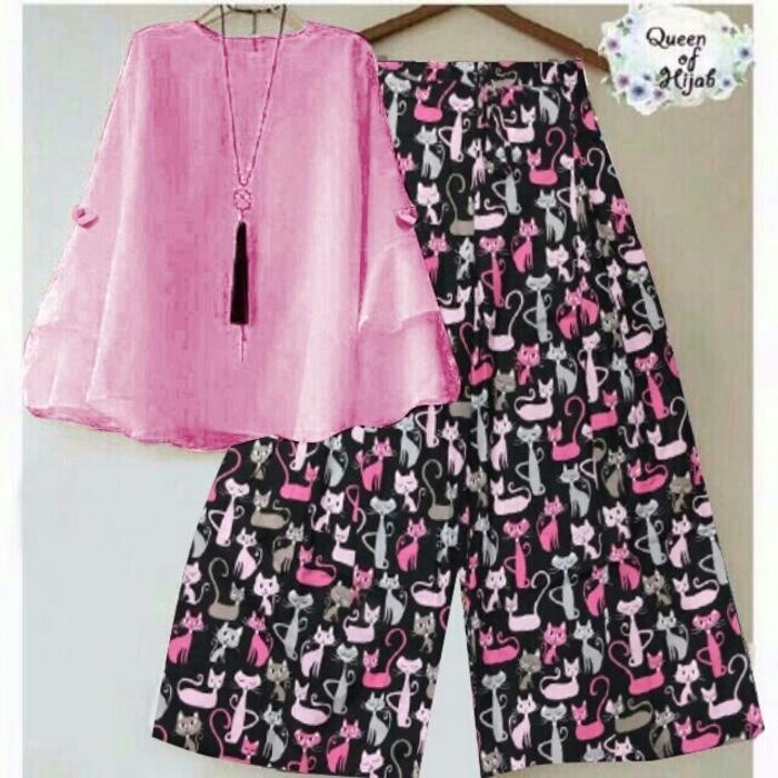 BZ Set Kulot Catty Pink Atasan Pink Gil