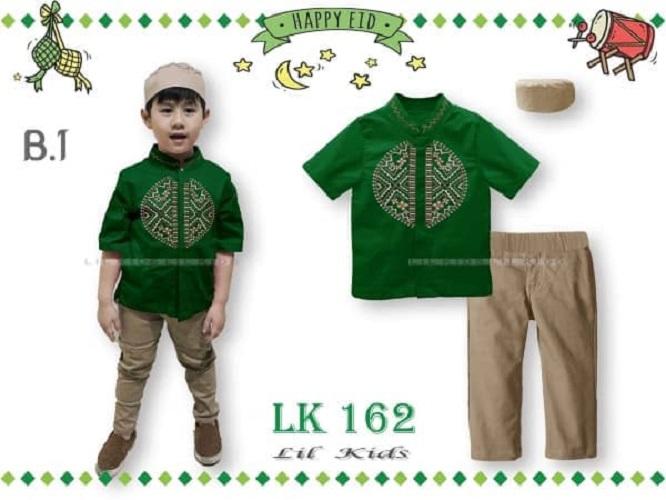 Baju Muslim Anak Laki Koko Lil Kids LK162 Bordir Hijau Celana Coklat Dengan Desain Trendy untuk Tarwih dan Lebaran