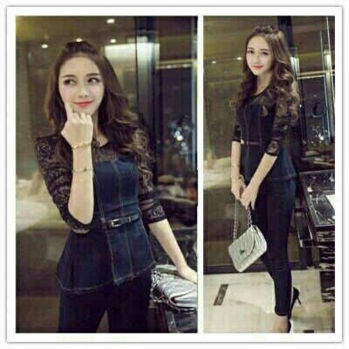 TOSERBU Setelan (S - Fit M) VIOLET - Semi Jeans Kombinasi Brokat - Super