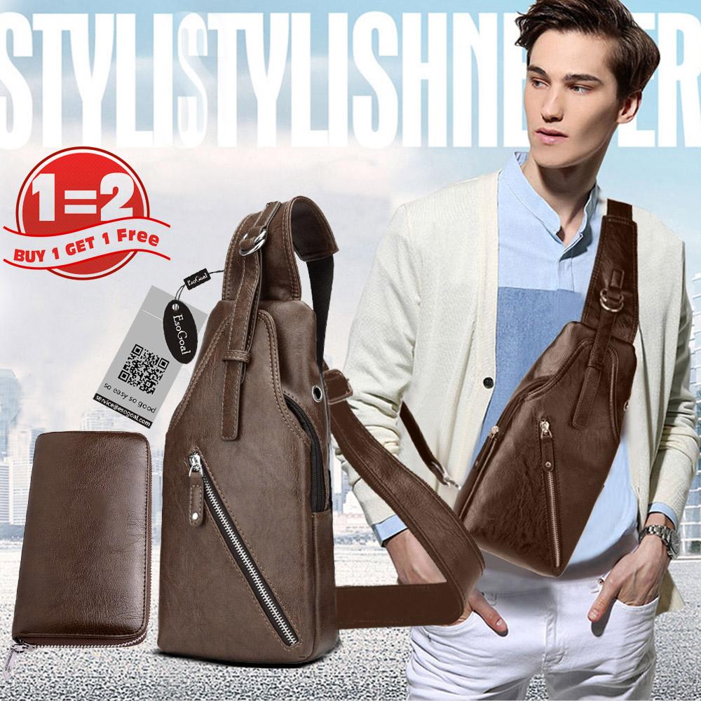 Jvgood Laki-laki Sling Tas Asli Kulit Dada Bahu Ransel dengan Panjang Dompet untuk Perjalanan Sekolah Daki Gunung