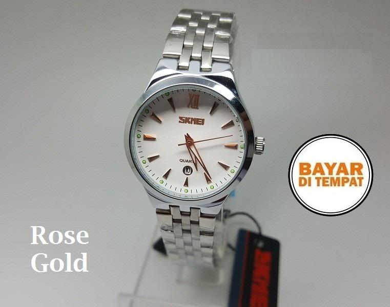 Jam Tangan Couple Original SKMEI Pria Lelaki Laki-laki Cowo Cowok Perempuan Wanita Cewek Cewe Lady Women Silver Putih / White Analog Elegant Stainless Steel Anti Air Waterproof 30 Meter Chrono Tanggal Aktif Mewah Garansi 339071