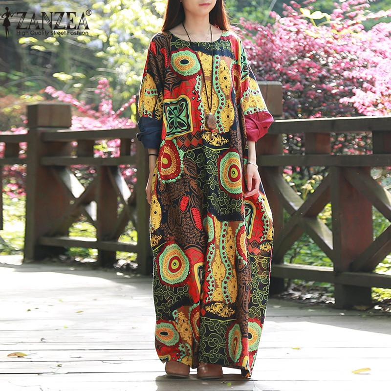 ZANZEA Wanita Panjang Batwing Musim Panas Sambatan Floral Kemeja Bergambar Dress Fashion O-neck Pesta Panjang Gaun Maxi Besar Plus Kaftan-Intl
