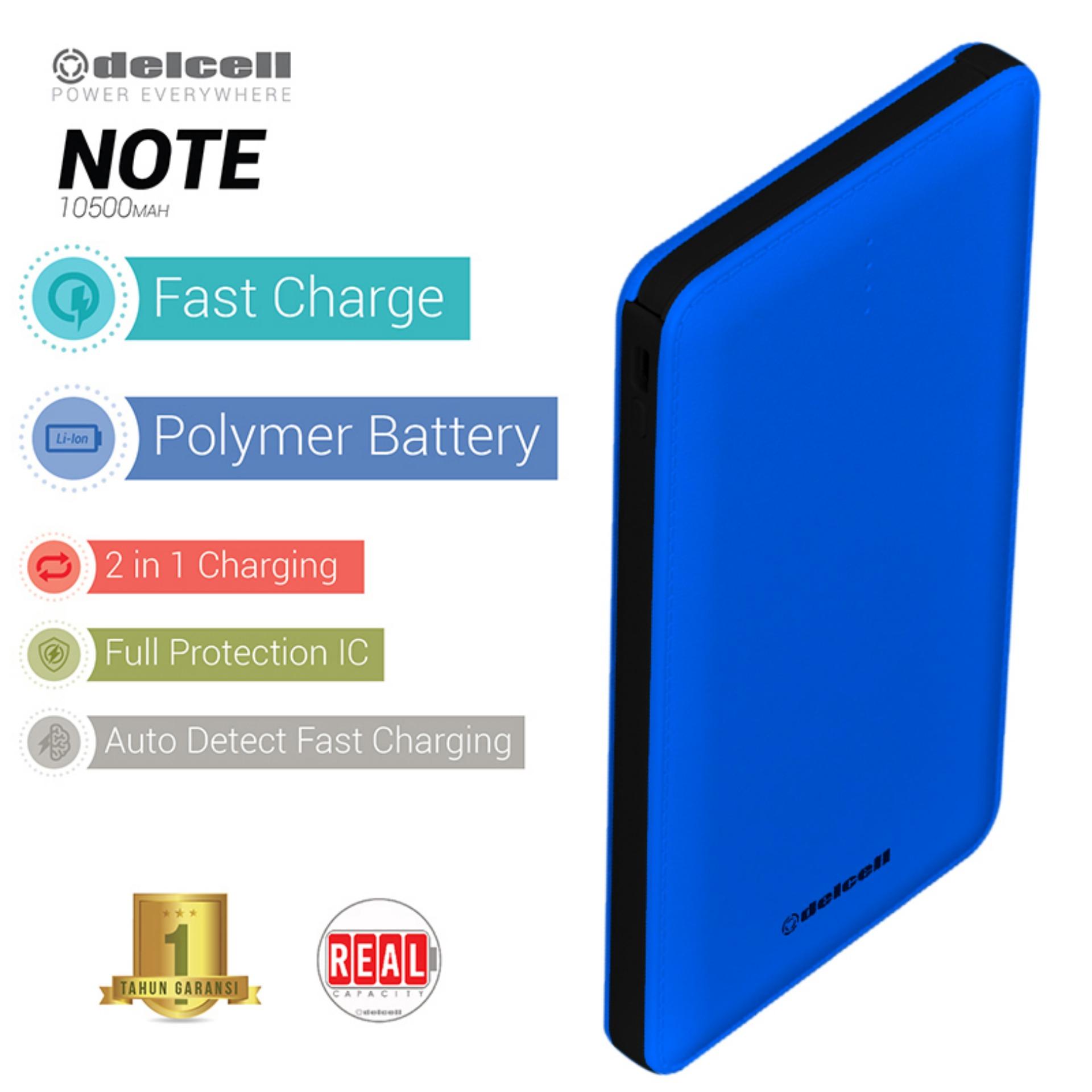 Delcell 10500mAh Powerbank NOTE Real Capacity Slim Powerbank Polymer Battery Build in Cable Fast Charging Garansi Resmi 1 Tahun Power Bank Murah Berkualitas - Biru