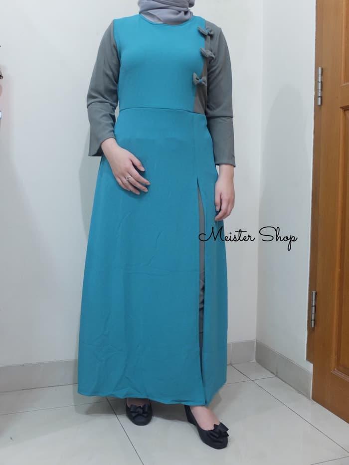 BAJU MUSLIM WANITA DRESS GAMIS SYARI SET CELANA RIBBON COMBI SET - Hijau Tosca