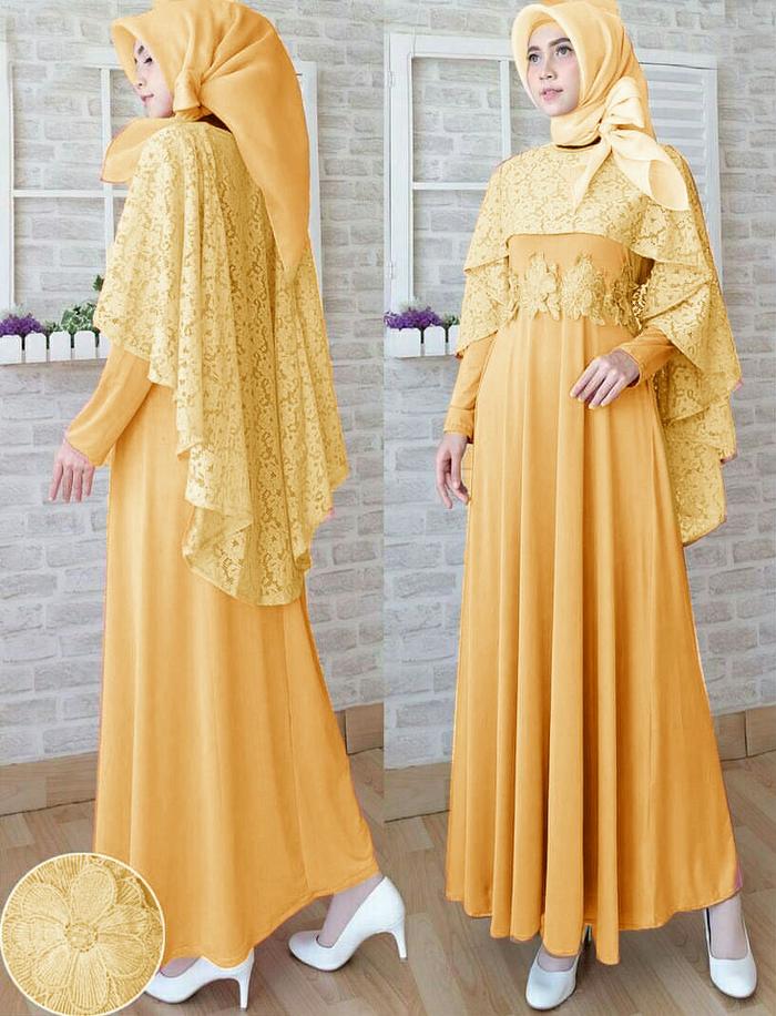 Maxi Githa Mustar Variasi Brukat Dan Bunga Timbul Gamis Dres Muslim