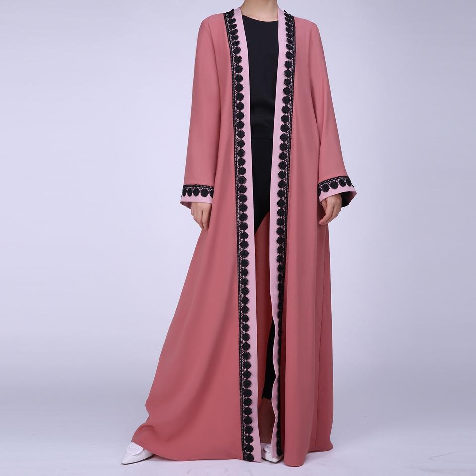 Wanita Kaftan Abaya Pakaian Muslim Terbuka Depan Islam Jilbab Panjang Lengan Besar Mantel Merah