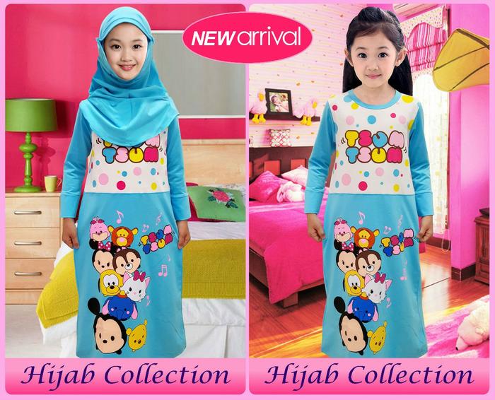 Grosir GAMIS /HIJAB Anak Karakter Motif Tsum2 Biru 2-12