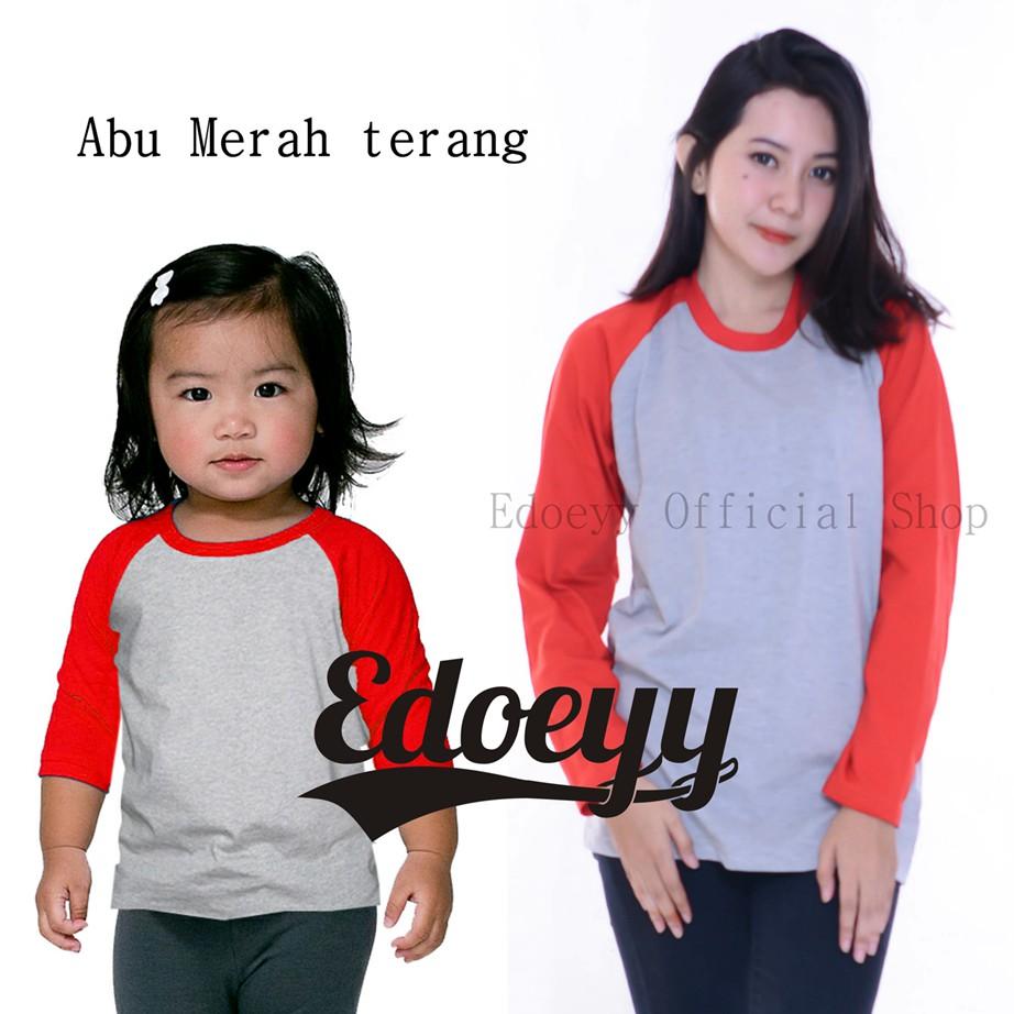 Raglan Couple / Kaos Distro / Raglan Dewasa / Raglan Anak 3/4 / Reglan Cowok Cewek / Lengan Panjang Anak 3/4 Abu Merah S