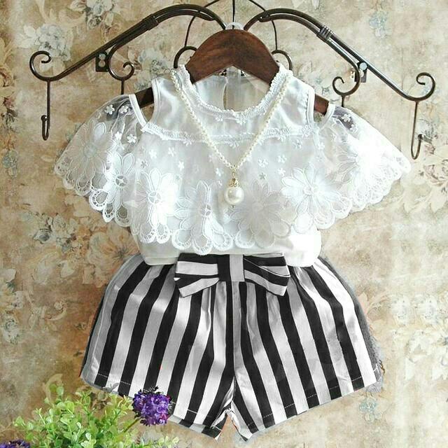 BT Salur Echa Kids Set 2in1 - Atasan brukat import - Celana babytery pita tempel - Fit 3-5th