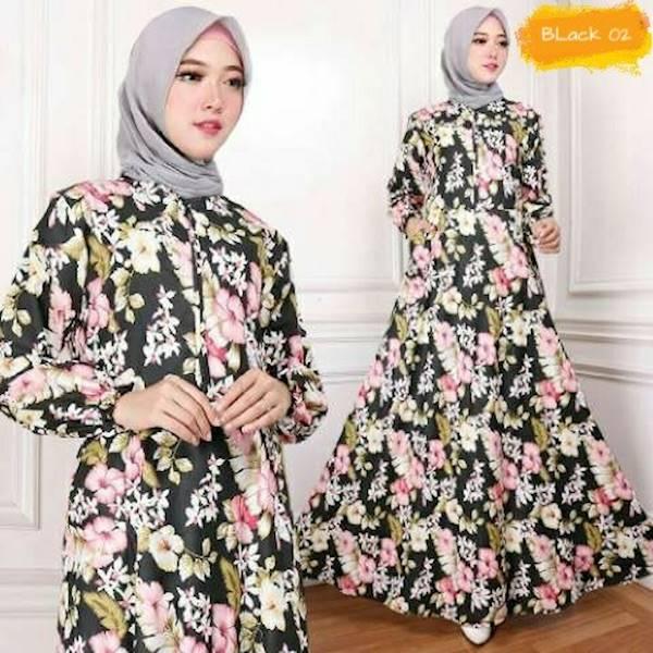 Gamis Maxy Bunga Ima Black Baju Wanita Bagus Murah Maxi 02 Hitam TA