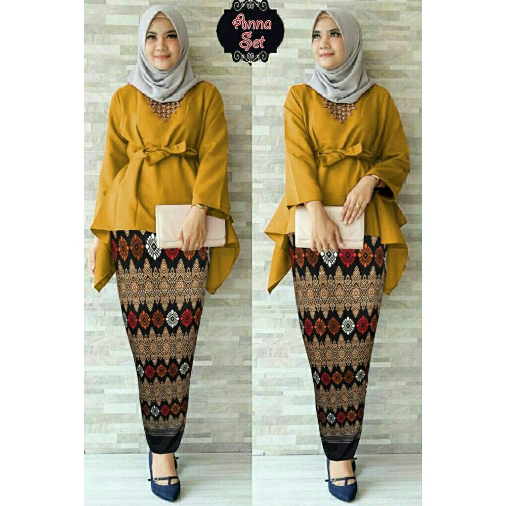 Gamis Syari Baju Muslim Setelan Kebaya Batik Kutubaru Remaja Set Anna Mustard