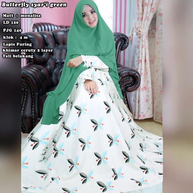 MW / SYARI SET KHIMAR / GAMIS / MAXI / DRESS / HIJAB / BUTTERFLY SYARI GREEN