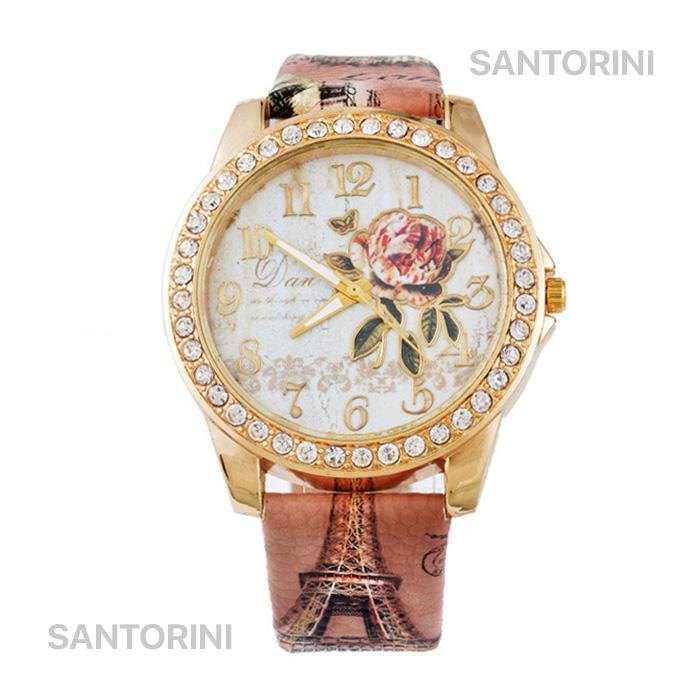 Santorini Jam Tangan Wanita Korea Fashion Vintage Flower Quartz Analog Women Leather Watch