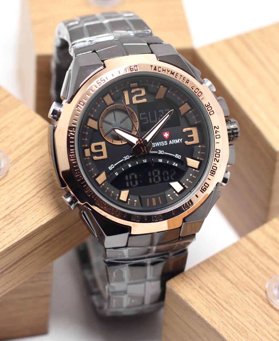 Swiss Army Indigo Dual Time Jam Tangan Pria Strap Rantai -stenleess anti karat