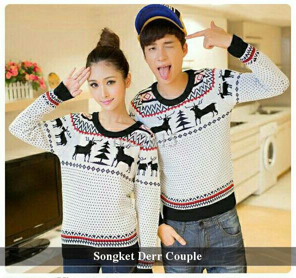 LenganPanjang Baju Couple Lengan Panjang Kaos Kembaran Simple Songket Deer Putih
