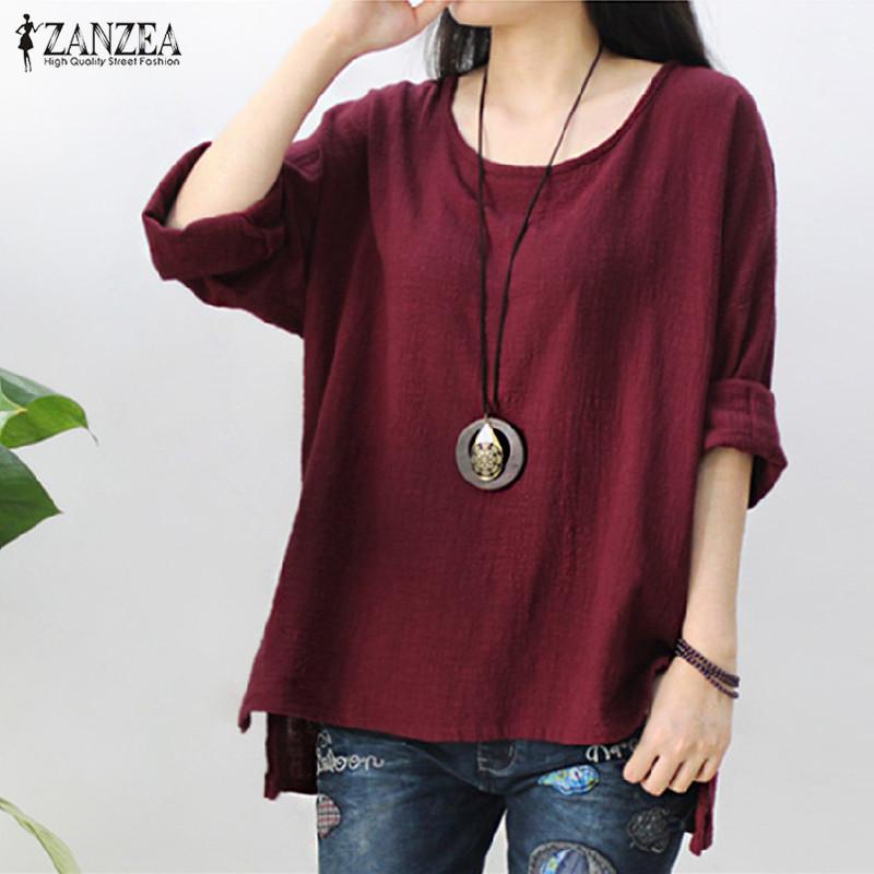 ZANZEA Wanita Retro O Leher Panjang Lengan Split Baggy Cotton Linen Solid Longgar Kasual Atasan Pesta Baju Kamftan Wanita Ukuran Plus (hitam) -Intl