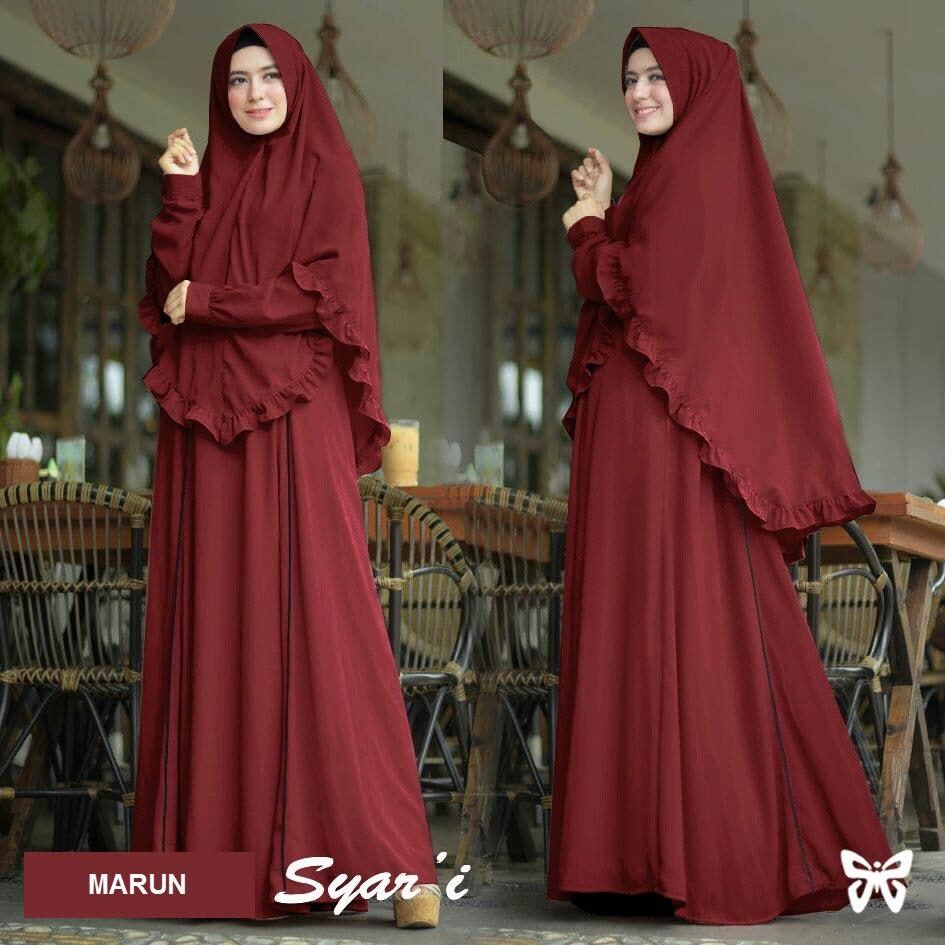 Flavia Store Gamis Syari Set 2 in 1 Lis FS0706 - MERAH MARUN / Baju Muslim Wanita Syar'i / Gaun Muslimah / Maxi Dress Lengan Panjang / Hijab Jilbab Instan Bergo / Srhafizah