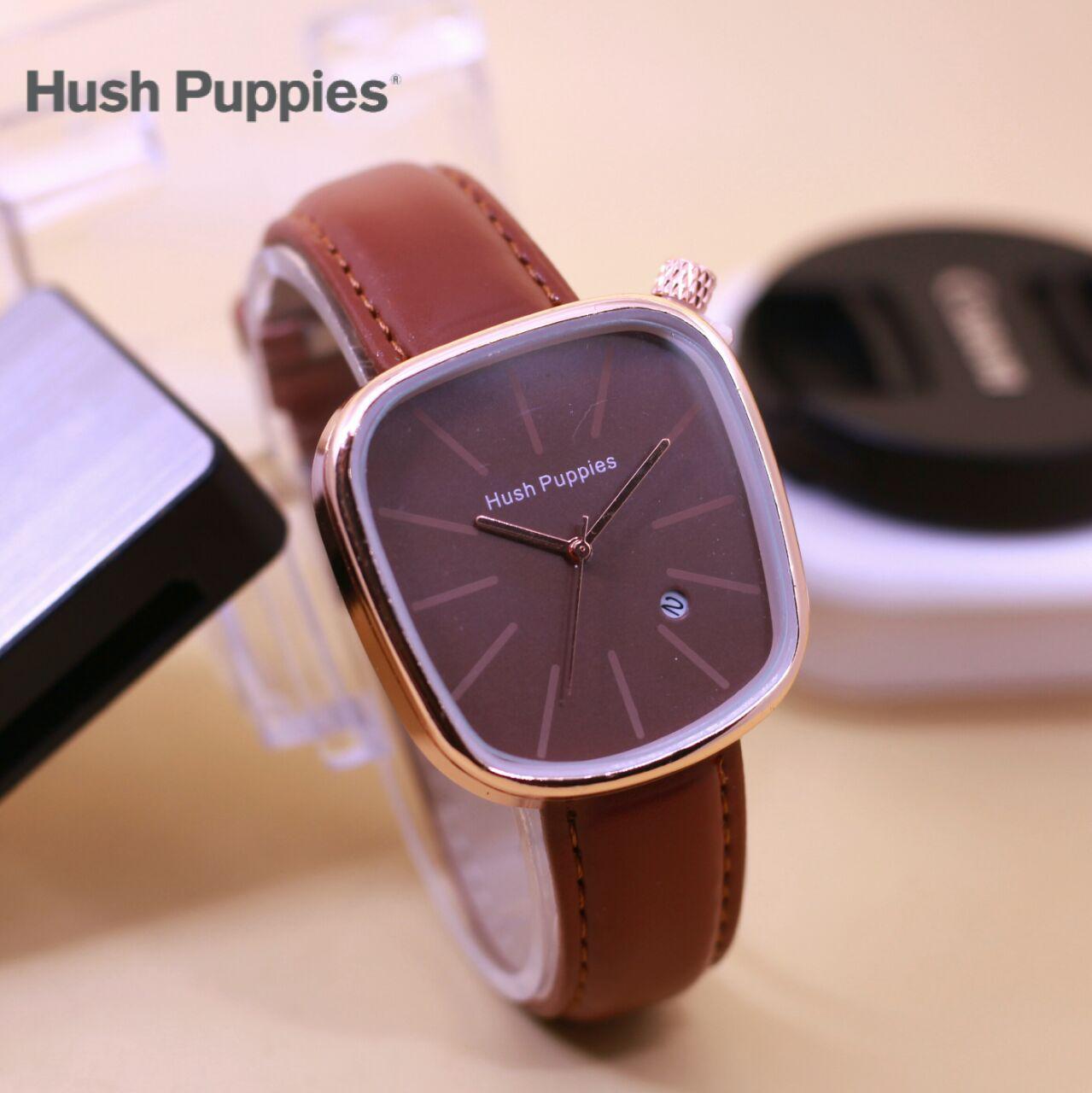 Jam Tangan Hush Puppies - Jam Tangan Wanita Hush Puppies - tetonis - swiss army - fossil - alba model terbaru 2018 dua jarum - tali coklat tua dial coklat - tanggal - free baterai dan free box