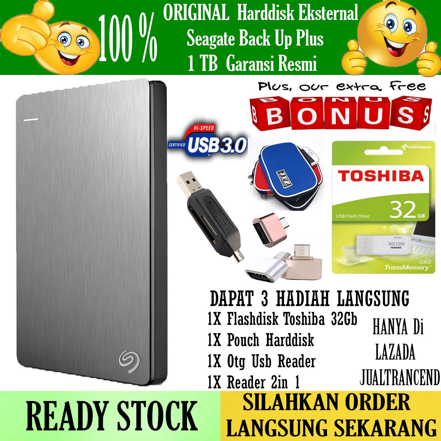 Seagate Backup Plus Slim 1TB - HDD - HD - Hardisk External 2.5 - Silver + Gratis Flashdisk Toshiba 32Gb + Pouch Harddisk + Reader 2In 1 + Usb Otg