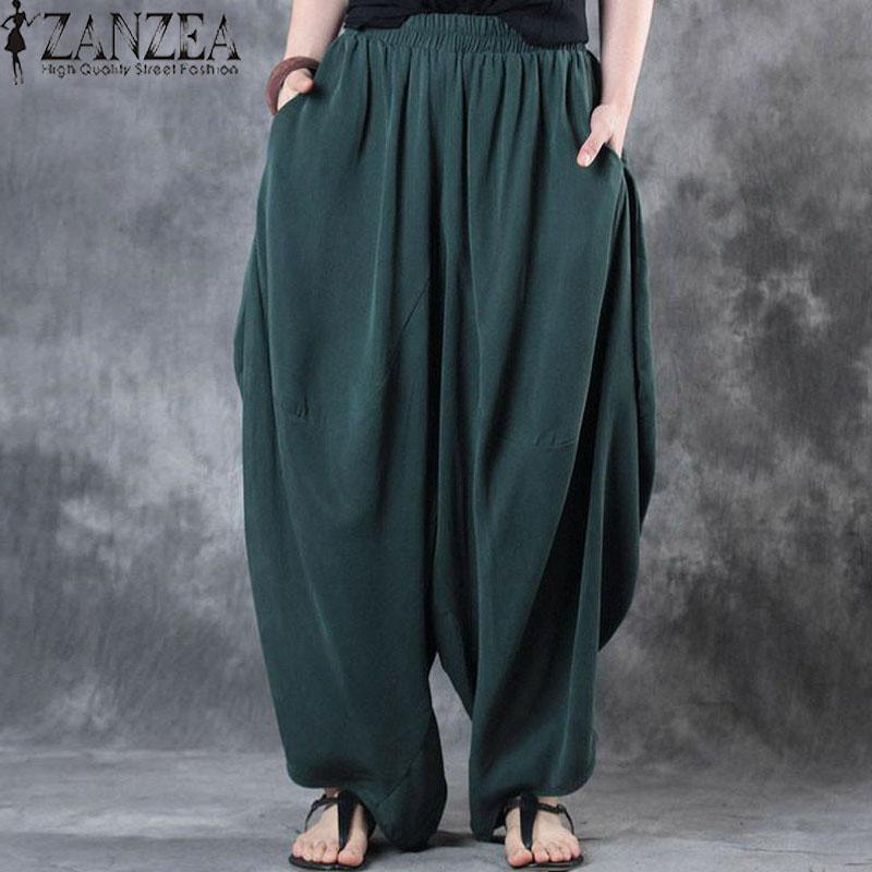 ZANZEA Wanita Cotton Linen Lebar Kaki Celana Elastis Pinggang Vintage Casual Solid Baggy Harem Celana Lantern Celana Hijau Besar- INTL